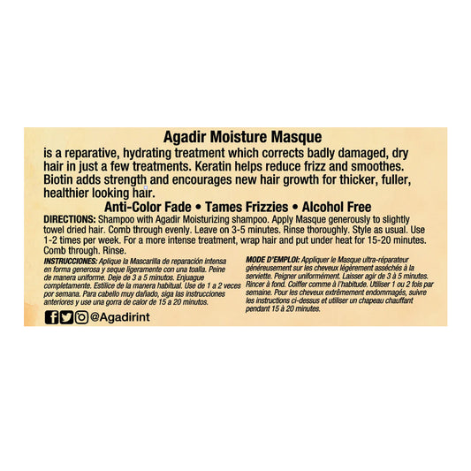 Agadir Argan Oil Moisture Masque 236ml jar next to argan nuts and oil, highlighting natural ingredients.