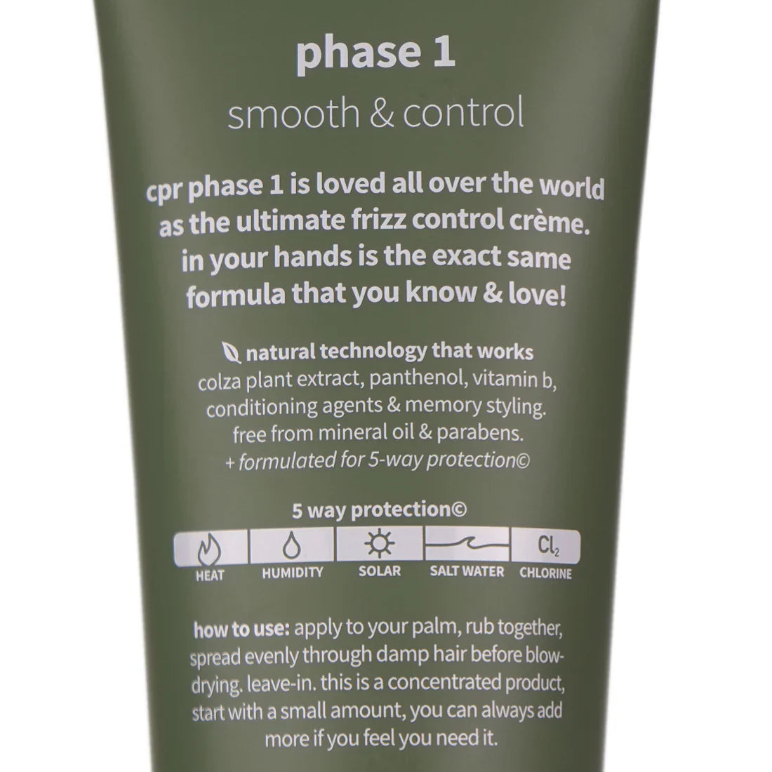 Image of back of tube for CPR Frizzy Phase1 Smoothing creme It includes usage instructions and product benefits