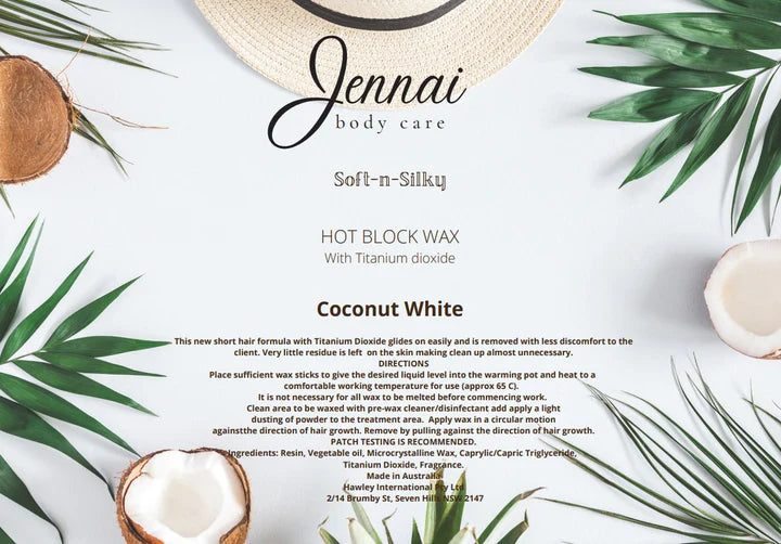 Jennai Soft-n-Silky Hot Block Wax in coconut scent - 1 kilogram pack. This is a hard wax designed specifically for short hair removal and minimize discomfort on delicate skin.