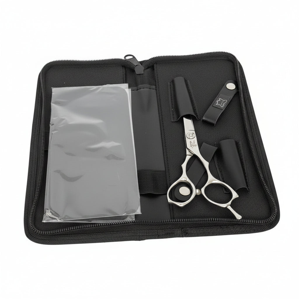 Foxy QA Hairdressers scissors in a black case on a white background