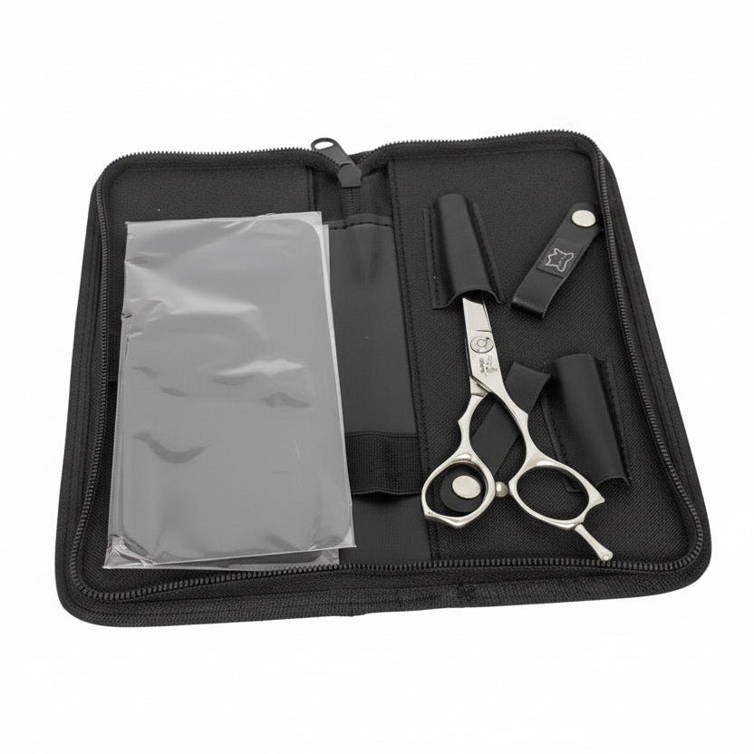Foxy QA Hairdressers scissors in a black case on a white background
