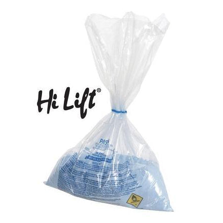 A plastic bag containing blue powdered hair bleach with the brand name 'Hi Lift' displayed on the bag.