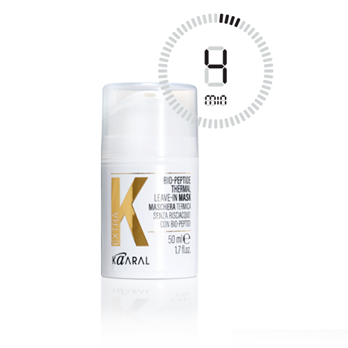 Kaaral Bio-Peptide Thermal Leave-In Mask bottle with a timer icon on a white background showing this product works in 4 minutes