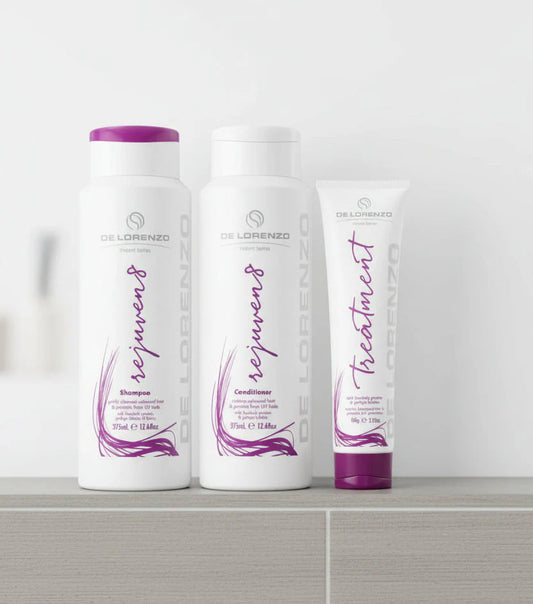 De Lorenzo Rejuven8 shampoo, conditioner, and treatment on a bathroom shelf
background