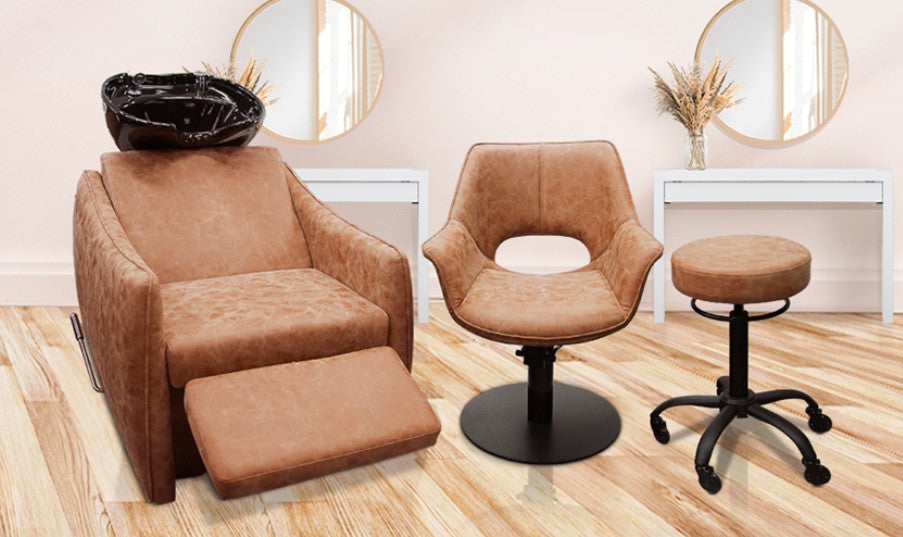 KSHE salon furniture and equipment showcasing modern styling chairs, shampoo units and professional salon workspace design.