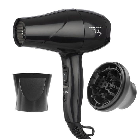 Silver Bullet Baby Travel Mini Hair Dryer & Diffuser - 1200W Dual Voltage (Black)