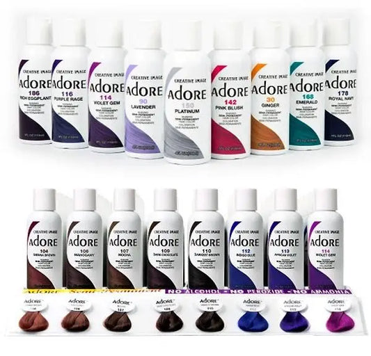 Assorted Adore hair color bottles on a white background