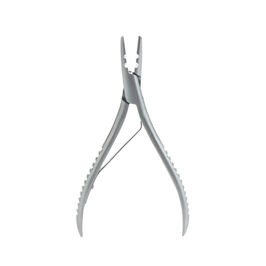 Pair of silver hair extension bead pliers on a white background