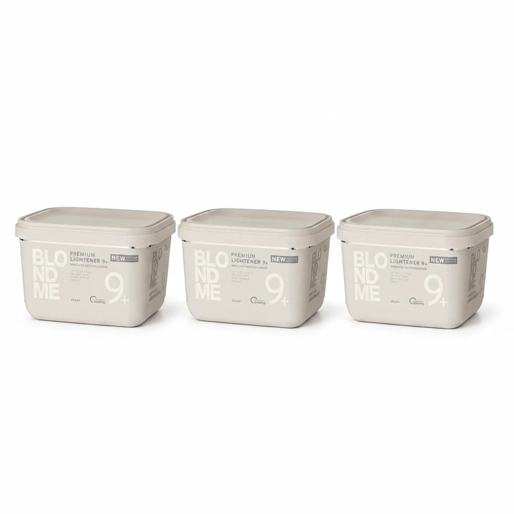 Three rectangular plastic containers of BLOOM ME 9+ Premium Lightener in a light beige color, arranged side-by-side on a white background.
