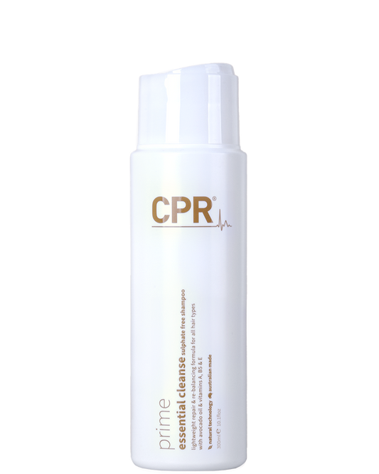 CPR Vitafive Prime Essential Cleanse 300ml bottle with a sleek, modern design featuring clear branding, set against a clean, neutral background, highlighting its sulfate-free, professional-grade formulation for gentle hair cleansing