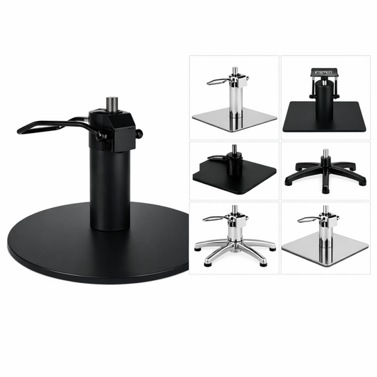 Replacement Salon pedestal hydraulic bases for Salon chairs. Options on white background with six smaller inset views of alternative base configurations.