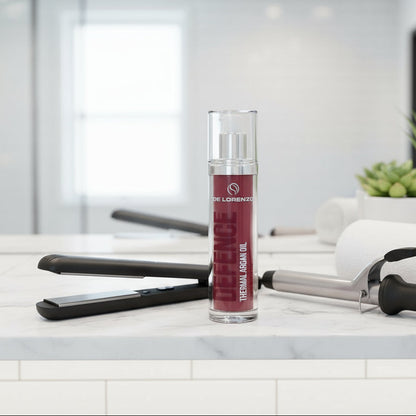 A bottle of De Lorenzo Defence Thermal Argan Oil, designed for hair heat protection and conditioning.