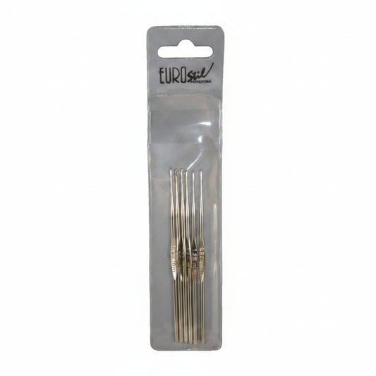 Packaged set of metal needles with Euroslot branding on a gray background