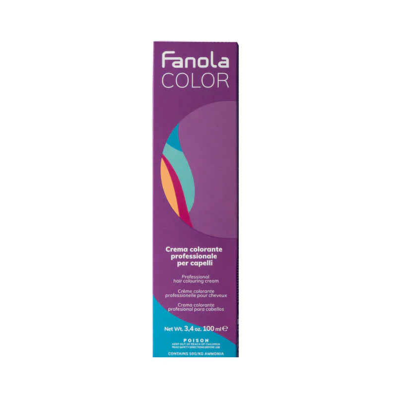 A box of Fanola Color hair color product in a purple and magenta design, indicating a professional hair coloring cream.