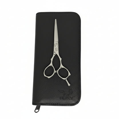 Black wallet with silver scissors on a white background