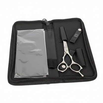 Foxy QA Hairdressers scissors in a black case on a white background