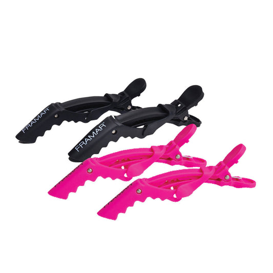 Two black clamps and two pink clamps on a white background, with 'Framar' branding.