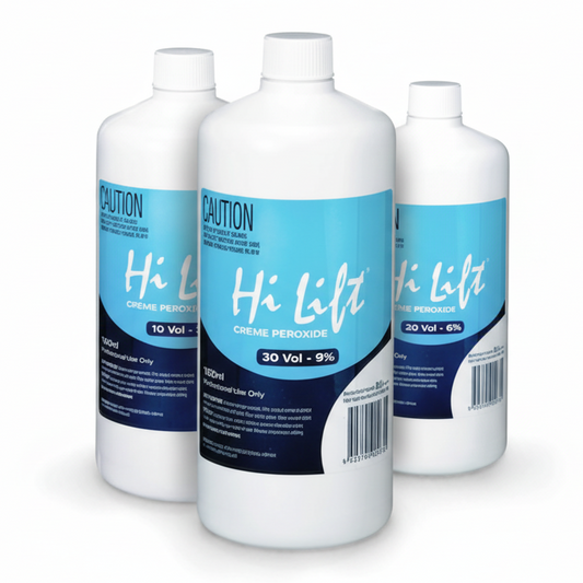 Three bottles of Hi Lift hair peroxide on a white background