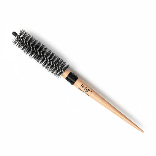 Hi Lift Curling Hairbrush with bristle head and wooden handle on a white background