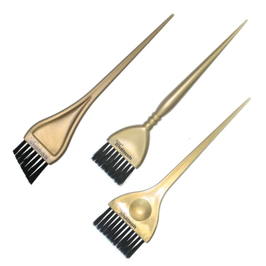 Three hi lift branded statush hair dye brushes. Gold with black bristles on a white background