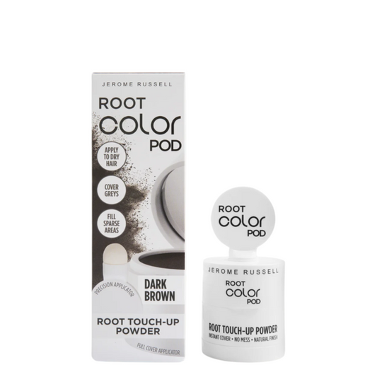 Root Color Pod Root Touch-Up Powder in Dark Brown, shown with its white and black retail box and the white applicator bottle with a flip-top cap on a plain white background.