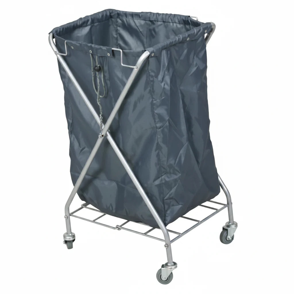 Gray laundry basket with wheels on a white background