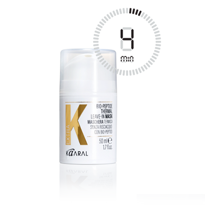 Kaaral Bio-Peptide Thermal Leave-In Mask bottle with a timer icon on a white background showing  this product works in 4 minutes