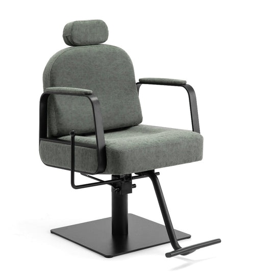 A modern salon Brow Styling Chair with a Agave upholstered seat and backrest, black metal armrests, and a black hydraulic base with a footrest, shown on a white background.