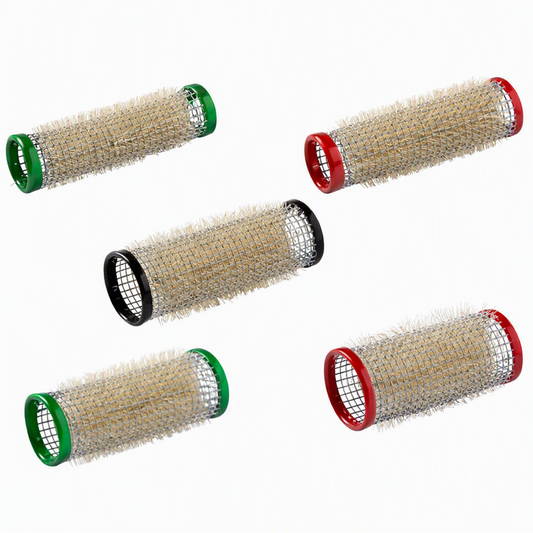 Five cylindrical pet hair removal brushes with beige bristles and colored metal end caps in green, red, and black, arranged on a white background 