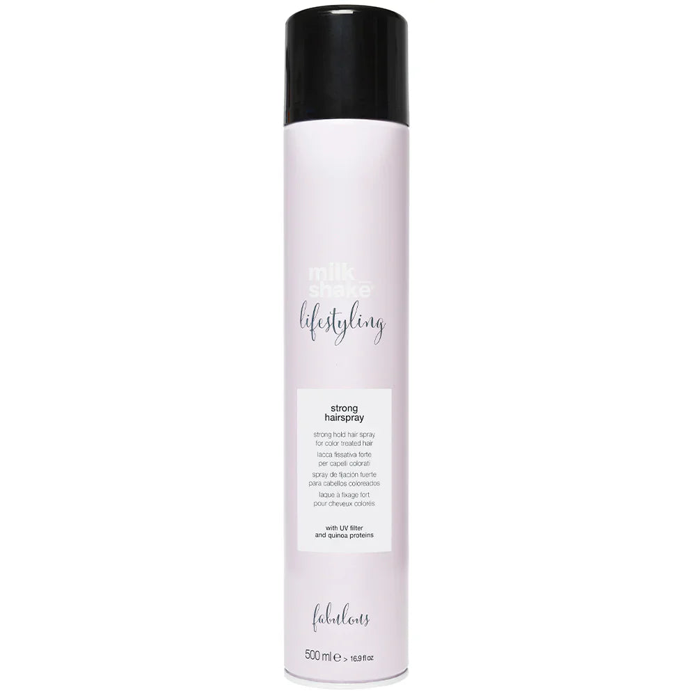 Milkshake strongHair spray bottle with black cap and white label on a white background