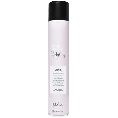 Milkshake strongHair spray bottle with black cap and white label on a white background