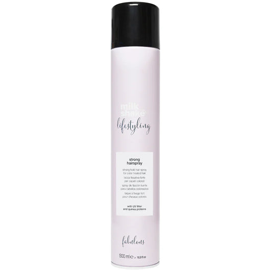 Milkshake strongHair spray bottle with black cap and white label on a white background
