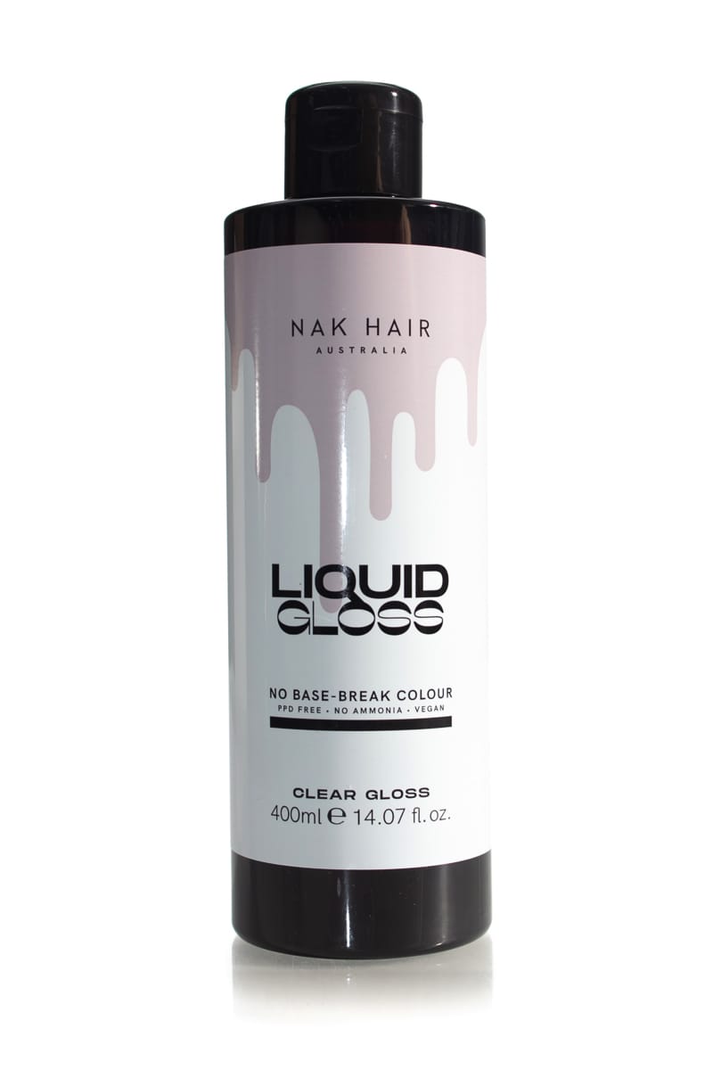 NAK Liquid Gloss Clear 400ml bottle, featuring its ammonia-free, demi-permanent formula designed to enhance shine, hydrate hair, and create vibrant, glossy finishes for all hair types.