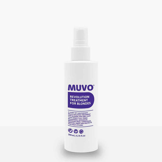Muvo Revolution Treatment for Blondes a lightweight, multi-solution treatment for blonde and grey hair that does it all; tones brassiness, detangles, removes frizz, conditions, repairs, preps and protects heat styling.