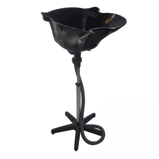 Black salon hair washing basin with a swivel head and a five-star base on a white background.