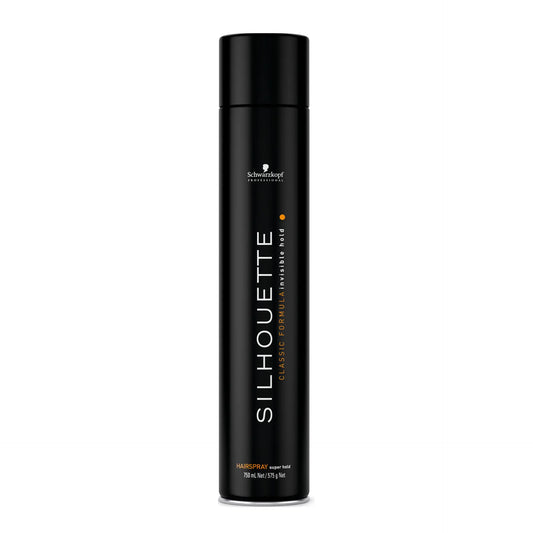 Black hair spray bottle labeled 'Silhouette' on a white background