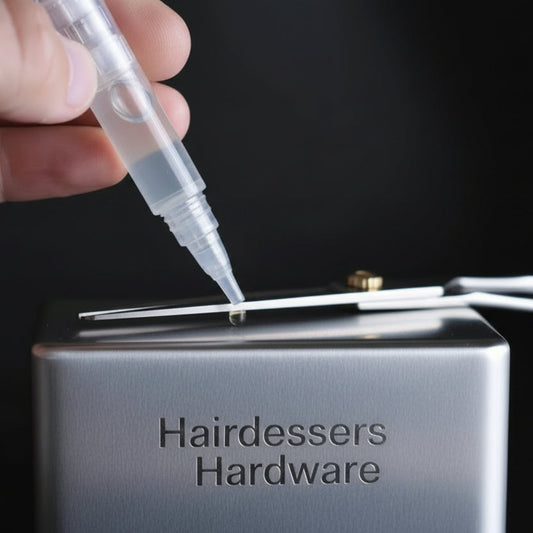 Hand holding a small scissor oil pen tool near scissors