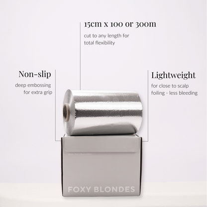 Foil roll with packaging labeled 'Foxy Blondes' on a white background