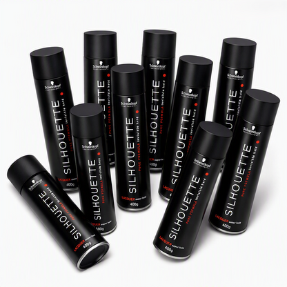 Nine black cylindrical hair styling product cans arranged on a light gray studio background. The cans are labeled Schwarzkopf Silhouette Hair Transform Styling Tree with red and white text, 