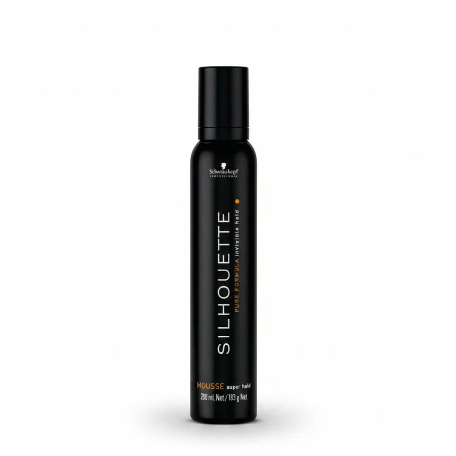 A black cylindrical bottle of Schwarzkopf Silhouette Super Hold Mousse on a plain white background.