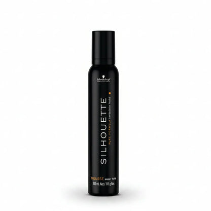 A black cylindrical bottle of Schwarzkopf Silhouette Super Hold Mousse on a plain white background.