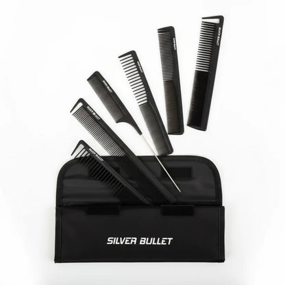 Set of black hair styling tools with 'Silver Bullet' branding on a pink background