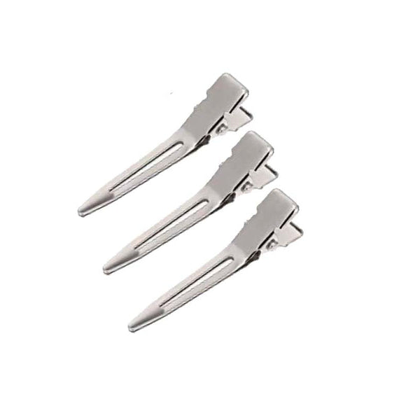 Three silver pin curl hair clips on a white background