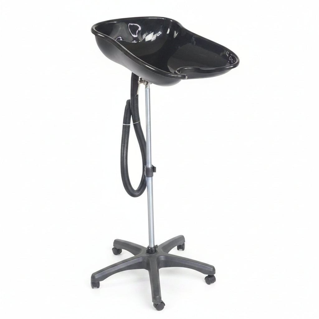 Black shallow salon portable basin on a stand with a hose on a white background