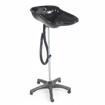 Black shallow salon portable basin on a stand with a hose on a white background