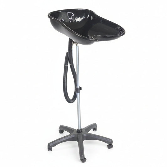Black shallow salon portable basin on a stand with a hose on a white background
