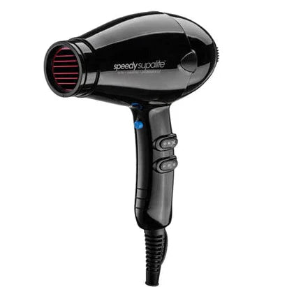 Black hair dryer with 'speedy supa lite' branding on a white background