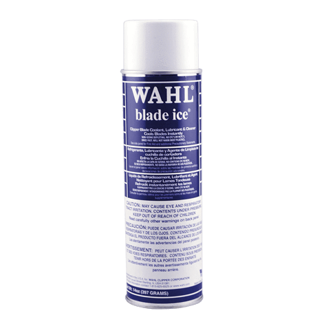 A spray can of Wahl Blade Ice, primarily blue and white in color, designed for cooling and lubricating clipper blades.