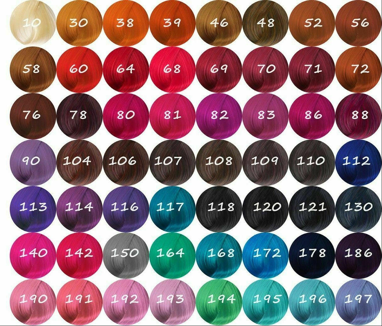 Adore hair color chart with a bottle of hair dye on a white background