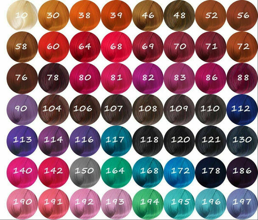 Adore hair color chart with a bottle of hair dye on a white background